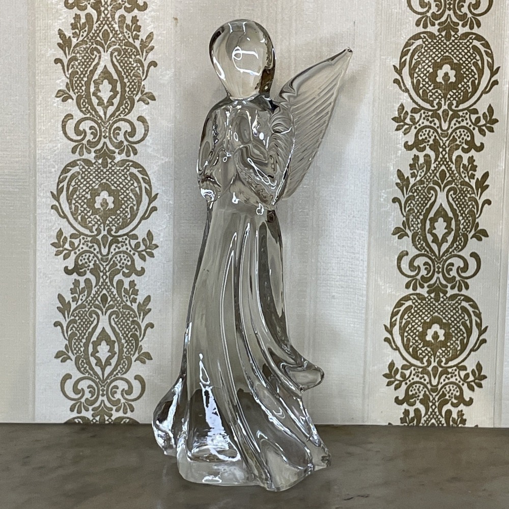 Vintage 7.5"‎ Tall Clear Crystal Glass Praying Angel w Wings Up & Out